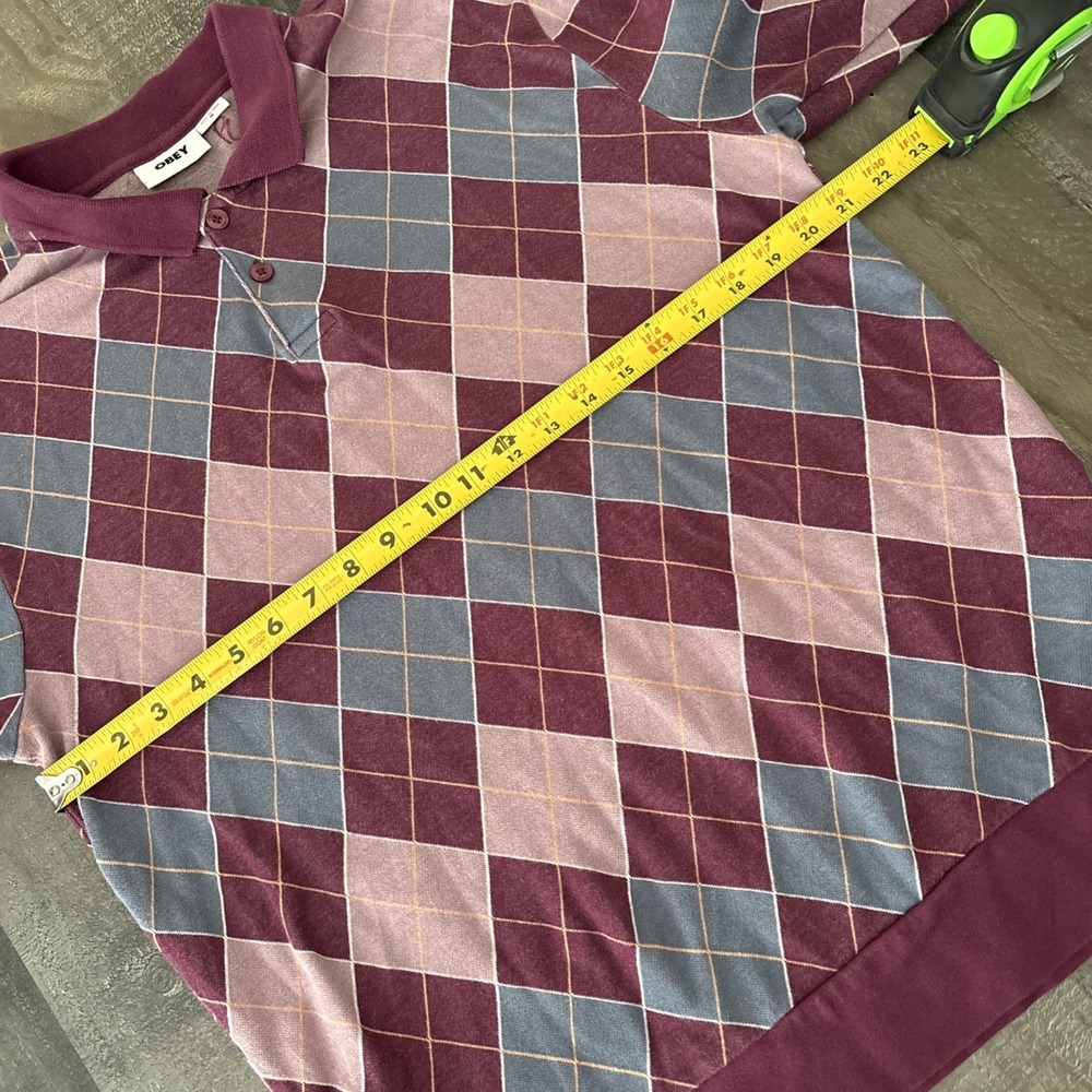Obey Mens Medium Long Sleeve Polo Shirt Argyle pattern 100% cotton preppy - Picture 6 of 8